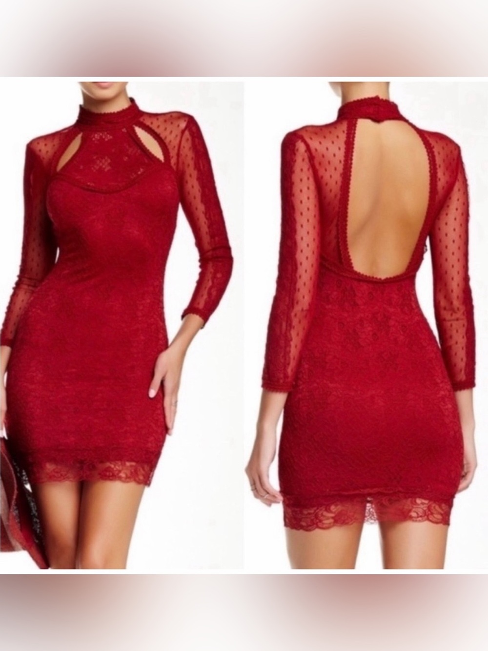 Free People Dress  Red Dress High -Neck Mini Dress with Sheer Sleeves